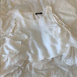 Revolve style linen off shoulder ruffle shirt XS
